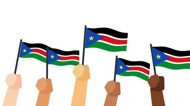 South Sudan flags waving in wind held by hands South Sudanese national celebration animation