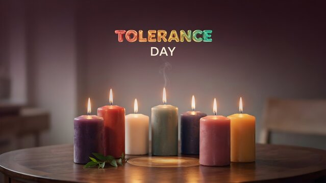 Tolerance day text with colorful burning candles on a dark wooden