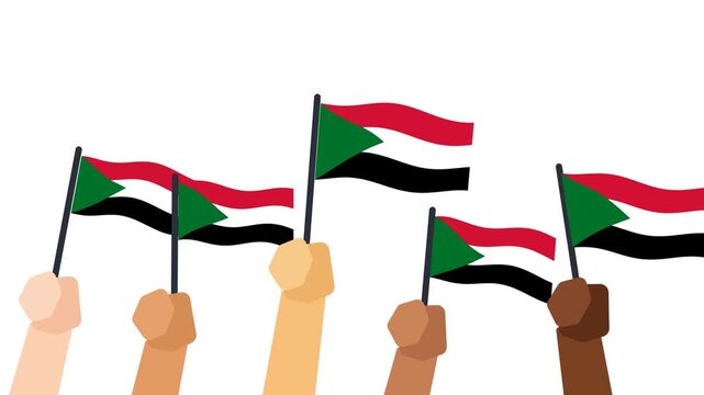Sudan flags waving in the wind held by hands Sudanese national celebration animation on white background