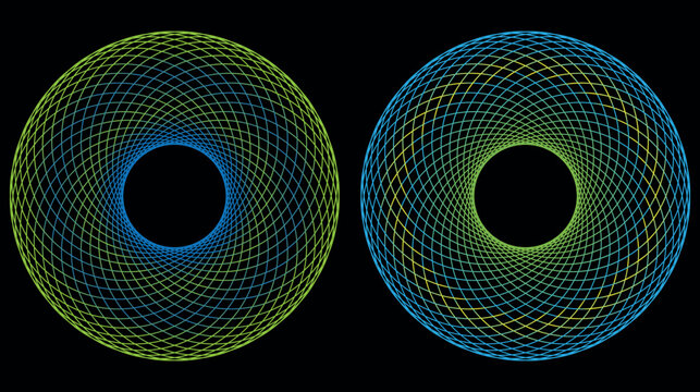 Modern abstract geometric patterns with blue, green, and yellow intersecting lines creating optical illusions on a dark background.