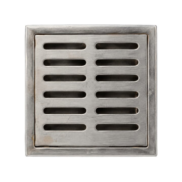 Square stainless steel floor drain with parallel slots, showing a slightly worn and textured surface on a white background