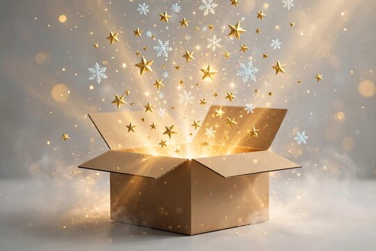 Open cardboard box with magical golden stars and snowflakes floating out