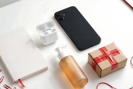 Flat lay of smartphone, wireless earbuds case, notebook, skincare bottle, and gift box on white surface