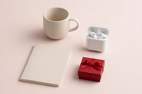 Flat lay of a notebook, coffee mug, wireless earphones in a charging case, and a small red gift box on a pink surface