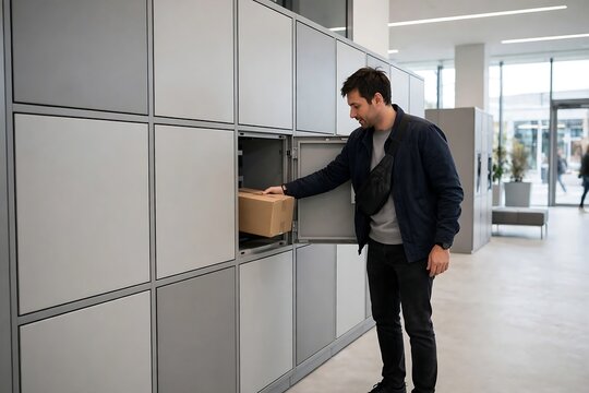 Man retrieving a cardboard package from a modern automated parcel locker in an office building lobby