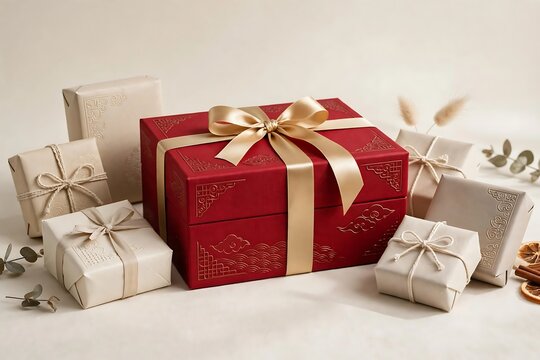 Elegant red and beige gift boxes with gold ribbons and traditional patterns for festive occasions