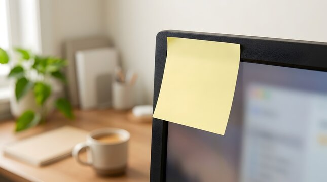 Yellow sticky note attached to a computer monitor on a wooden desk