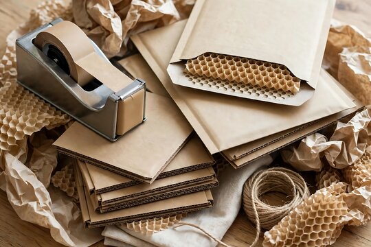 Ecofriendly sustainable packaging supplies with honeycomb paper and brown paper envelopes on a wooden table