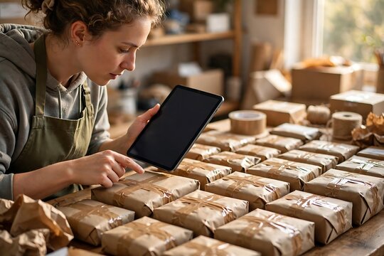 Small business owner using a tablet to manage shipping orders in a workshop