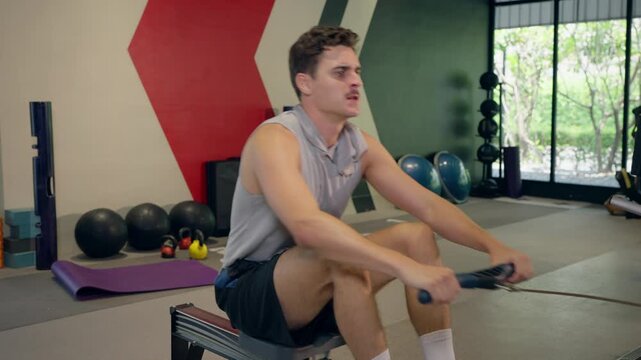 Young Latino athletic man exercising on rowing machine in fitness gym. 