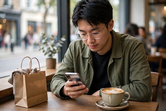 Young asian man using a smartphone while sitting in a cafe with a coffee and shopping bag