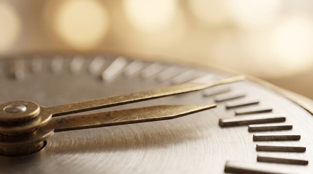 Macro close up of clock hands pointing near twelve oclock with warm bokeh light background for deadline concept