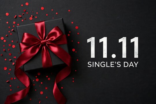 Black gift box with red ribbon on black background with confetti for 1111 singles day sale