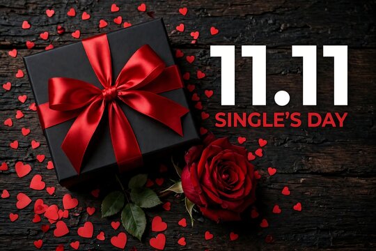 1111 singles day shopping sale concept with a black gift box and a red rose on a dark wooden background