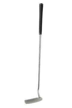 Shiny silver golf putter with a black textured grip stands upright, isolated against a clean white background, showcasing its sleek design