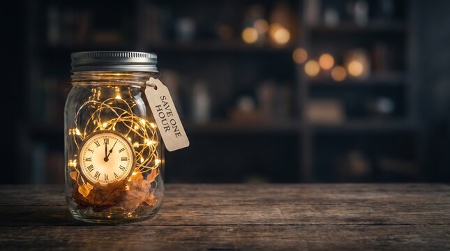 Vintage clock and glowing fairy lights captured inside a glass jar on a rustic wooden table