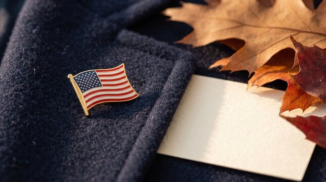 patriotic decor, a small american flag pin rests on navy wool next to a blank card and autumn leaves