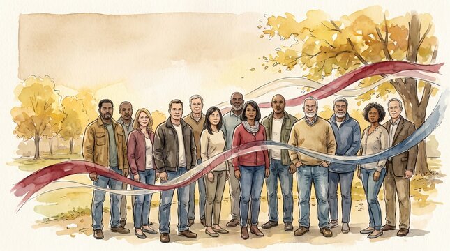 veterans day art, a diverse group of veterans stands united in casual attire, symbolically linked
