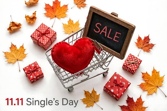 1111 singles day sale concept with shopping cart, red heart, gifts and autumn maple leaves isolated on white background