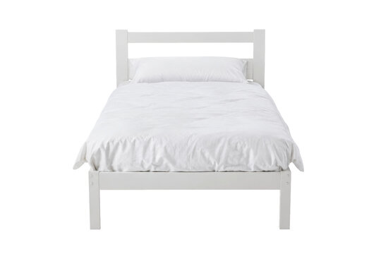 Simple white single bed with a clean duvet and pillow, presented on a bright white background