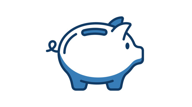 Blue two-tone icon of a piggy bank in side view with a coin slot for savings.