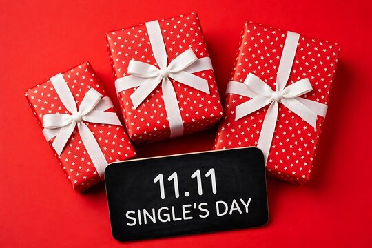 Three red gift boxes with white stars and ribbons on a red background for 1111 singles day shopping sale
