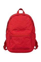 Vibrant red nylon backpack with multiple zippered compartments and adjustable straps, presented on a clean white background © no one
