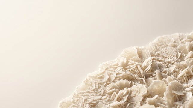 Macro closeup of white barite crystal cluster with thin, tabular, bladelike formations, showing intricate mineral structure and texture against a soft, neutraltoned background