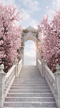 A picturesque marble staircase ascends towards a grand, ornate archway, framed by vibrant pink cherry blossom trees shedding delicate petals. This dreamy spring scene evokes a sense of magic, roman...