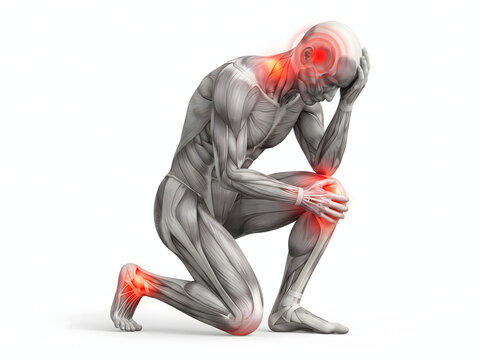 Detailed 3D anatomical model of a male figure experiencing widespread pain, with red highlights indicating specific areas of discomfort: head, neck, knee, wrist, and ankle. Ideal for medical, healt...