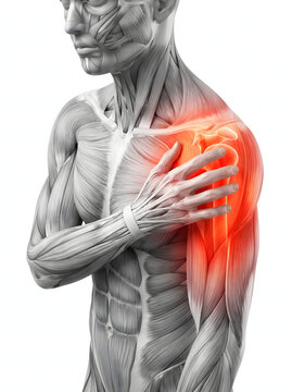 Detailed 3D medical illustration depicting human anatomy with highlighted shoulder and arm pain. Shows inflamed muscles and joints, representing concepts of injury, discomfort, and various health i...