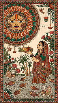 Madhubani Art of Woman Offering Arghya to Surya Dev During Chhath Puja Festival