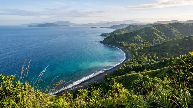 Elevated panoramic view of a tropical coastline with turquoise bay, forested hills, distant islands, and mountain ridges