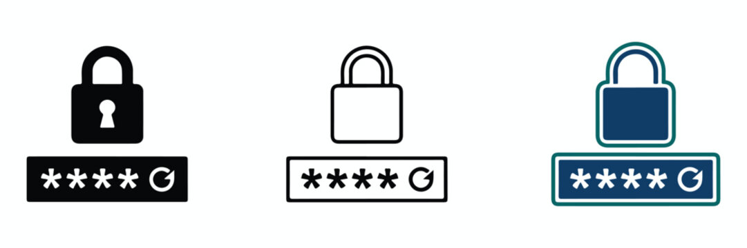 Password Reset Padlock Security Icon with padlock and hidden password symbols, cybersecurity authentication and data privacy concept. Password website template. Digital security bar interface.