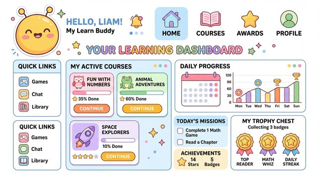 Digital Learning Dashboard for Kids Gamified Education App Interface