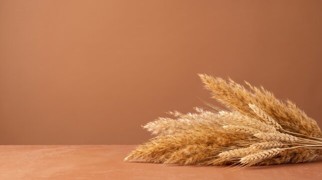 A beautiful bouquet of dried pampas grass and wheat stalks arranged on a textured brown surface against a matching solid background
