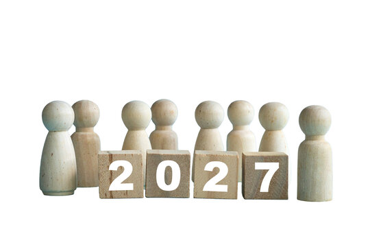 Wooden Figures With 2027 Year Date On Wood Blocks. Isolated on transparent background.