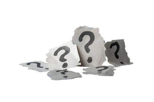 Question Marks on Torn Paper Scraps. Isolated on transparent background.
