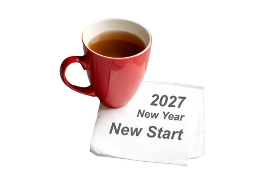 Red Mug and Napkin with 2027 New Year Message. Isolated on transparent background.