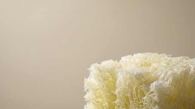 Closeup of a natural loofah sponge texture, showcasing the intricate fibrous network and porous structure against a soft, neutral beige background