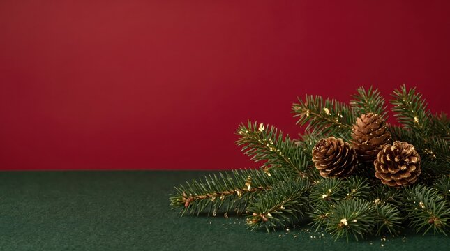 Christmas fir tree branches with pine cones and golden glitter on a dark green surface against a red background, festive holiday decoration with copy space