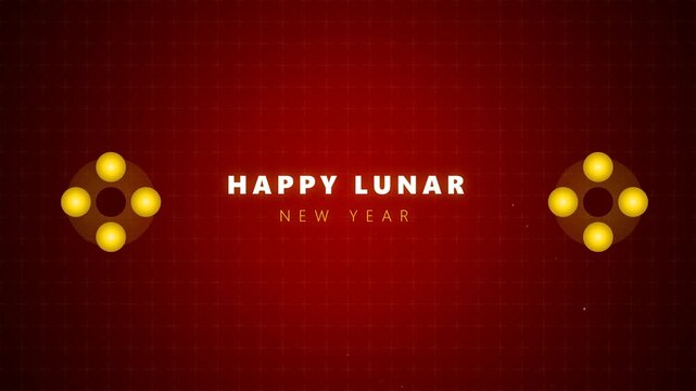 Happy Lunar New Year Greeting Text Animation with Rotating Golden Flower Ornaments and Red Oriental Pattern Background