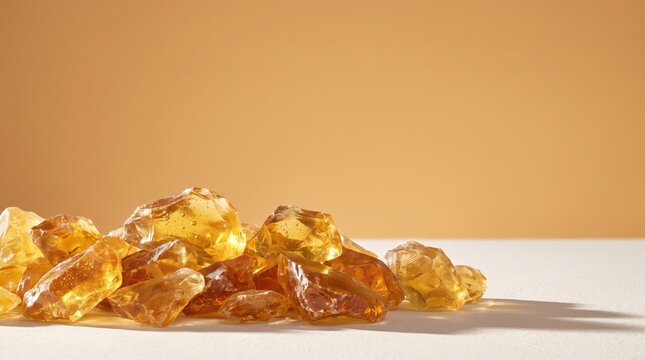 A pile of raw amber resin chunks on a light surface against a warm beige background