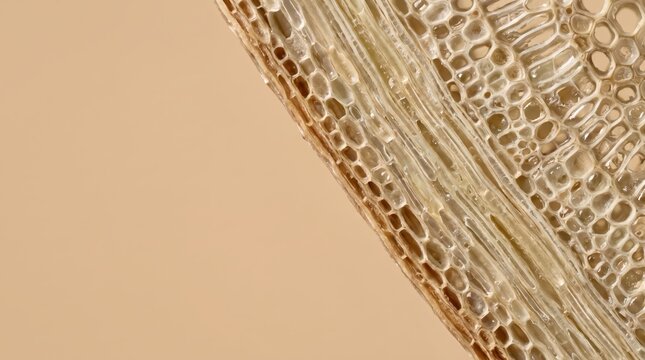 Macro closeup of a plant stem crosssection showing intricate cellular structure and vascular tissue patterns against a soft beige background