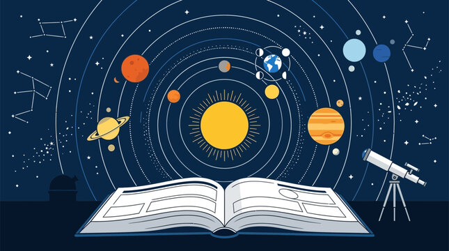 Open book showing solar system, planets, sun, constellations and telescope, space exploration concept, education, astronomy