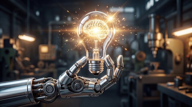 Robotic hand holding a glowing light bulb with a visible brain inside in an industrial workshop