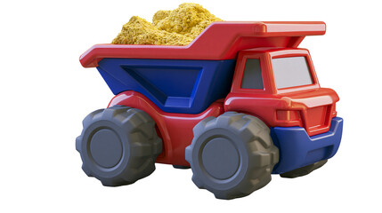 Red and blue plastic toy dump truck filled with yellow sand © Gisela