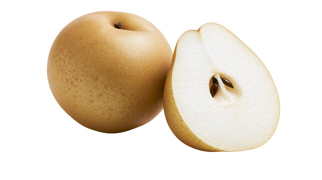 Whole and sliced fresh round Asian pear with brown skin and juicy white flesh