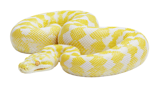 Albino Burmese python snake with yellow and white patterned scales coiled up