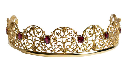 Ornate gold filigree tiara with oval cut red rubies and floral scrollwork details © Sini